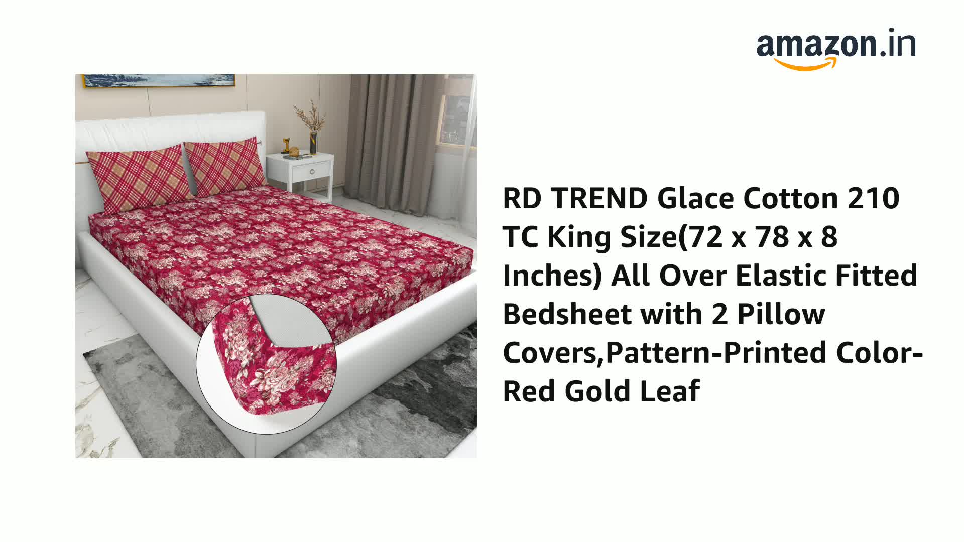 RD TREND Luxurious Glace Cotton Queen Bedsheet Set - 210 TC, Super Soft, 360° Elastic Fitted Sheet With 2 Pillow Covers, Leaf Pattern - View #9