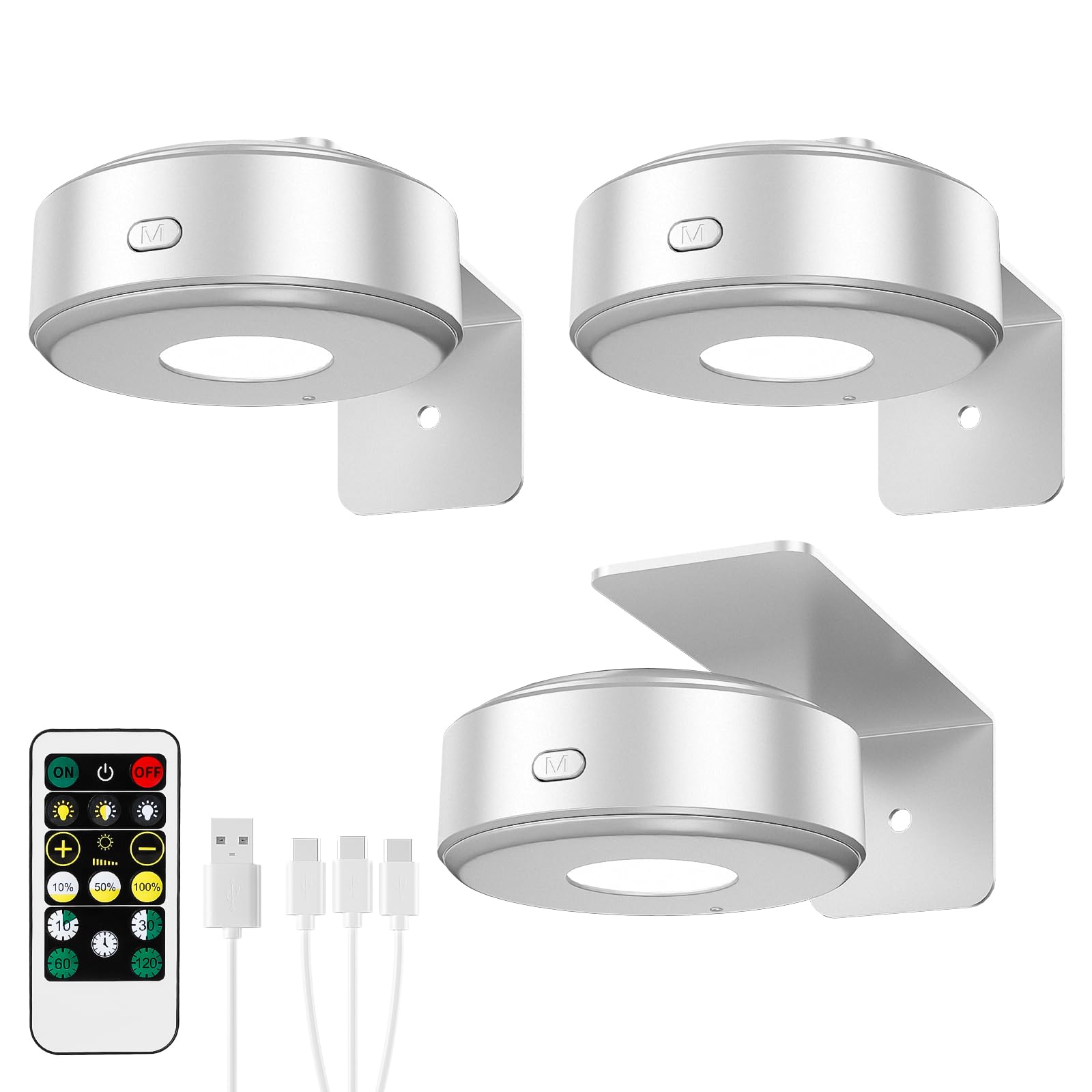 3PCS Picture Lights with Remote,3 Colors Paintings Light Wireless Rechargeable Battery Wall Light Dimmable and Timer Metal Art Light for Paintings,Display, Wall, Artwork, Gallery (Silver)