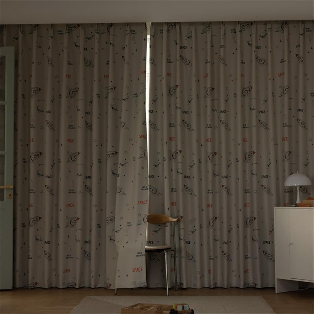1 Panel Cartoon Space Rocket Planet Stars Pattern Semi Blackout Curtain for Kid's Bedroom Cute Privacy Nursery Curtain for Boys Room Grommet Top (Beige,W55 x L94 Inch)