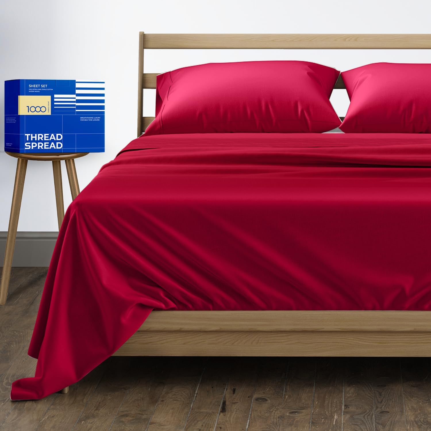 THREAD SPREAD 100% Egyptian Cotton Sheet Set Queen - 1000 High Thread Count, Luxury 5-Star Hotel 4 PC Sateen Bed Sheets Queen Size, Soft, Breathable Extra Long Staple 16" Deep Pocket Sheets - Red
