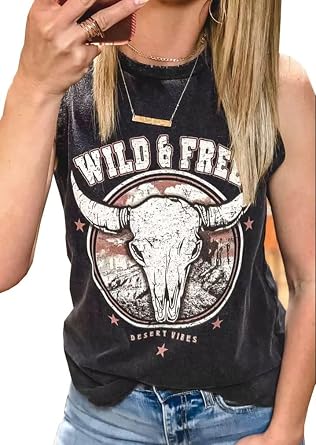 Western Country Music Tank Top Women Vintage Cowboy Rodeo Tank Cattle Skull Graphic Sleeveless Shirt Cowgirl Tops