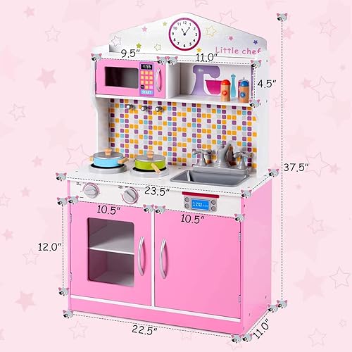 Miniatura 7 de ARLIME Juego de cocina para niños, cocina de juguete de madera con fregadero extraíble, microondas, utensilios de cocina, armario de almacenamiento