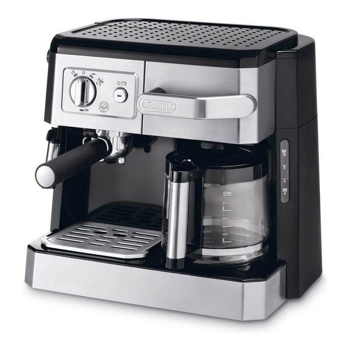Macchina da caffè combinata De'Longhi BCO 421.S — macchina da caffè con portafiltro espresso e funzione filtro con beccuccio per schiumare il latte, caraffa in vetro e sistema di filtraggio dell'acqua