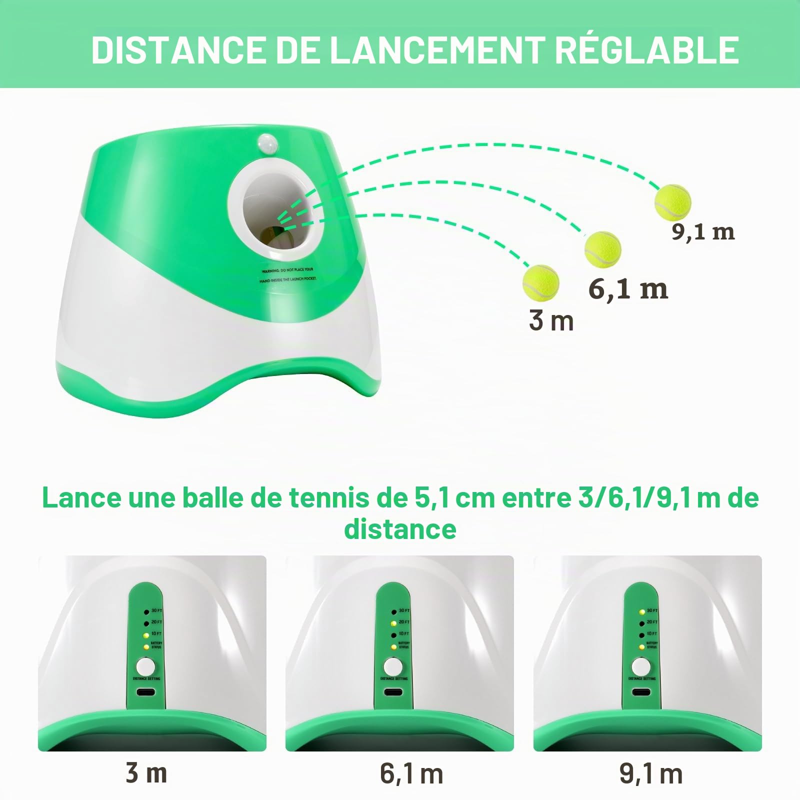 Lanceur de balles pour chien avec 12 balles de tennis, lanceur automatique de balles pour chien pour intérieur et extérieur, 3 distances réglables, 3 à 9,1 m, jouet interactif pour chien de petite et
