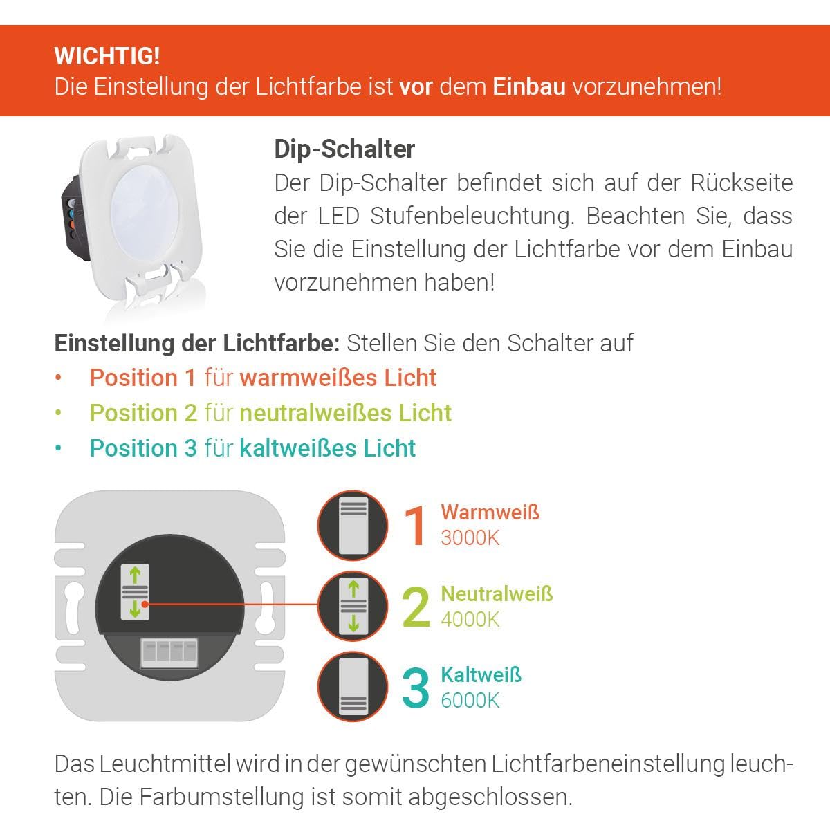 LED Treppenleuchte mit Bewegungsmelder rund weiß Lichtfarbe auswählbar (CCT) - Lichtaustritt: Orbis