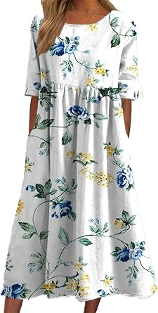 Geleglaer Womens Boho Floral Maxi Dress Summer Casual Crew Neck Short Sleeve Dress Flowy Bohemian Tshirt Dress with Pockets