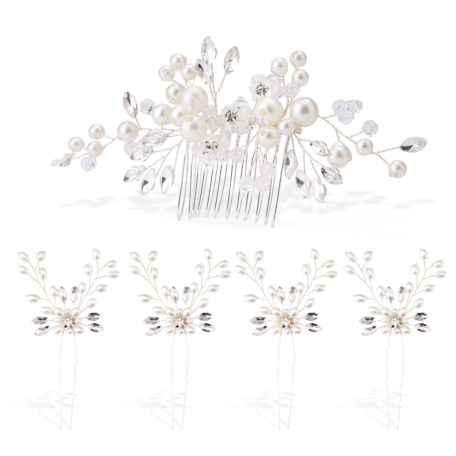 5PCS Bridal Side Combs, Rhinestone Crystal Pearl Hair Accessories for Bride Bridesmaids, Copper Wire Wedding Hair Clips for Prom Party Formal Dresses
