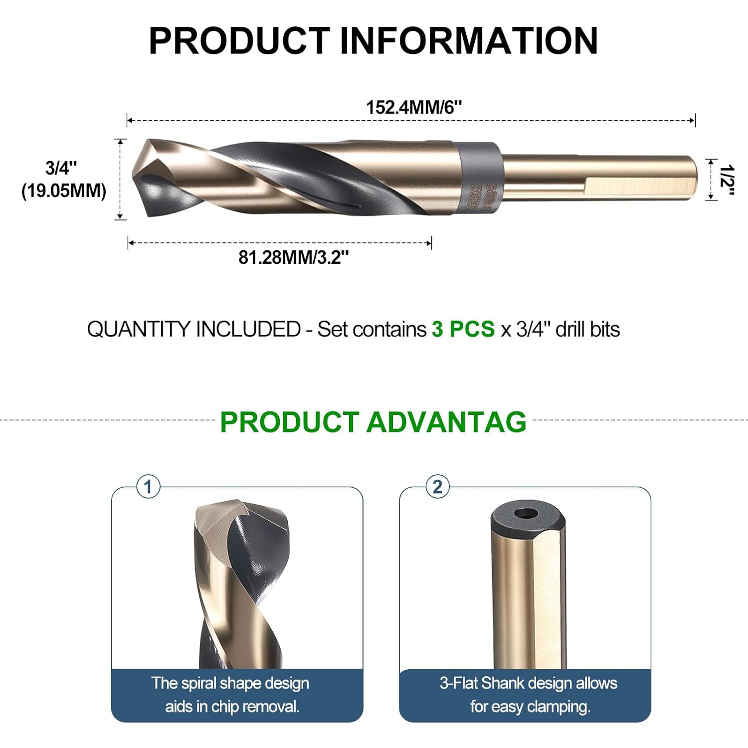 METALLIXITY Drill Bit (3/4") 3pcs, 1/2" Reduced Shank 3-Flat M35 5% Cobalt High Speed Steel 135-Degree Point Angle for Stainless Steel DIY Projects Tool Black and Gold