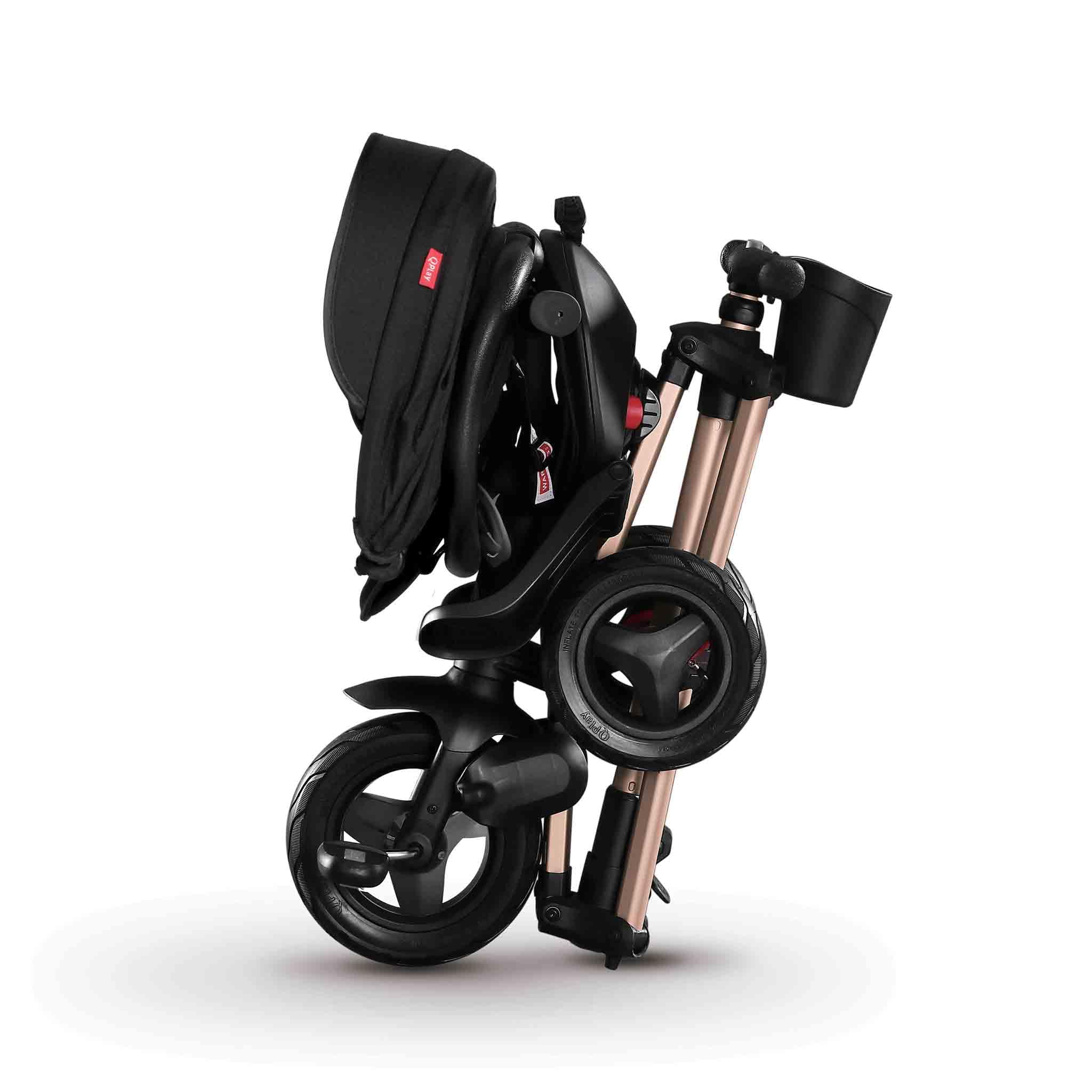 Triciclo Evolutivo pieghevole QPLAY Nova Golden Limited Edition 6 in 1 con zaino portaoggetti, fronte strada e fronte mamma, reclinabile, adatto a bambii da 10 a 72 mesi, portata fino a 25 kg