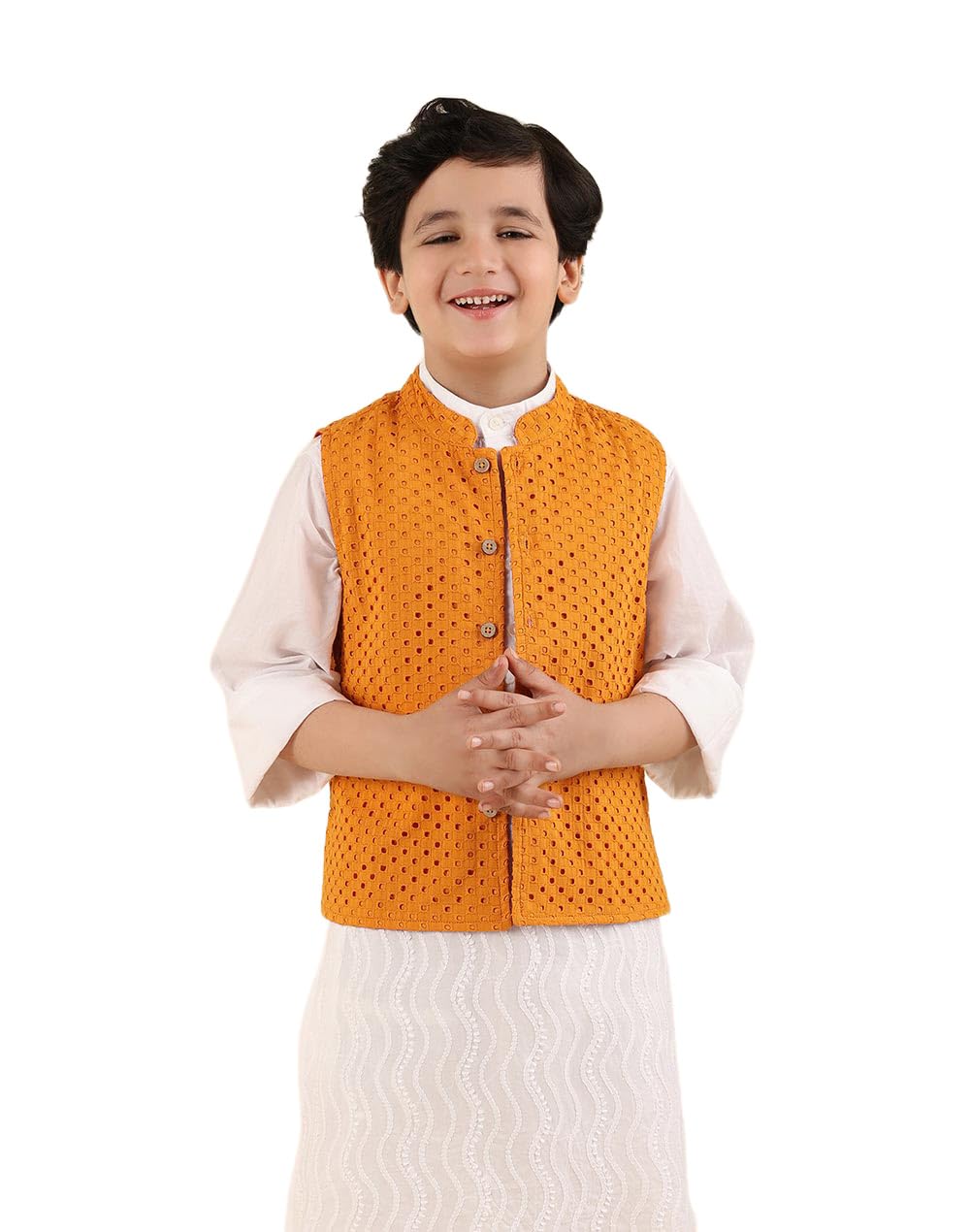 Fabindia Giacca Nehru con colletto alla coreana ricamato senape
