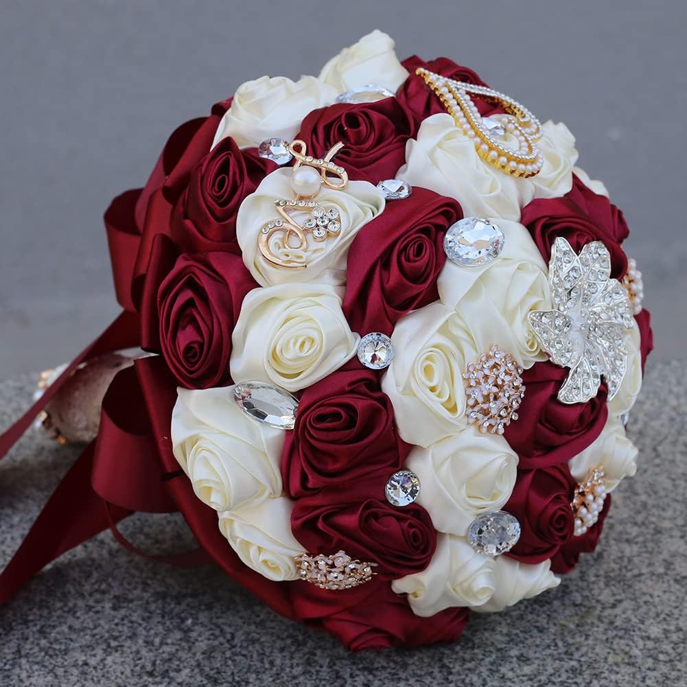 Sharebeauty 5.9 Inch Handmade Satin Rose Bridal Bouquet Toss Round Wedding Bouquet Throw Toss Artificial Flower Bunch Dark Red + Ivory - Image 3