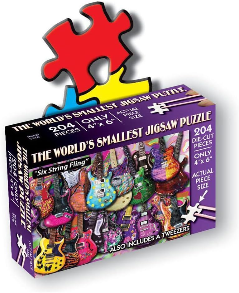 TDC Games World’s Smallest Jigsaw Puzzle, Six String Fling – Mini Puzzles, Small Challenging Travel Art Puzzle for Adults, 200+ Pieces, 6 x 4 inches