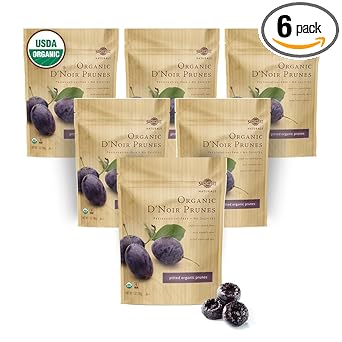 Sunsweet D'Noir Organic Prunes - Prunes Pitted Unsweetened & Dried - Gluten Free, Preservative Free, Vegan - Fiber & Minerals - 7 oz Pouch x 6 Pack