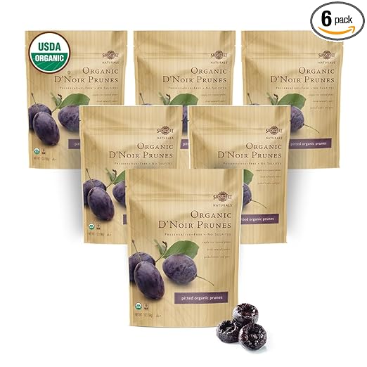 Sunsweet D'Noir Organic Prunes - Prunes Pitted Unsweetened & Dried - Gluten Free, Preservative Free, Vegan - Fiber & Minerals - 7 oz Pouch x 6 Pack