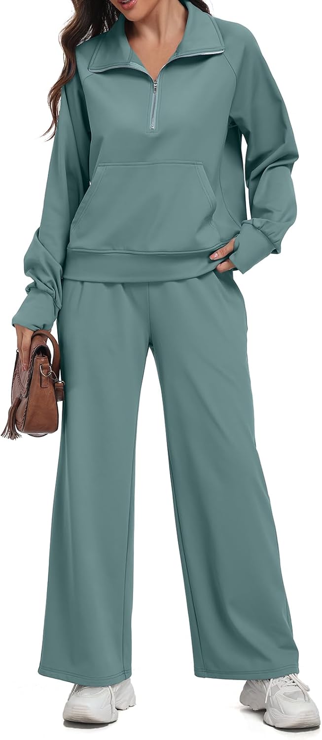 BLEVONH Fleece Sweatsuits Women 2 Piece Outfit Half Zip Sweatshirt Lounge Sets Wide Leg Sweatpants 2025 Tracksuit