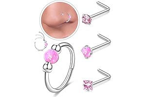 Pink Opal Nose Rings Hoop and L-Shaped Nose Studs Set for Women Men