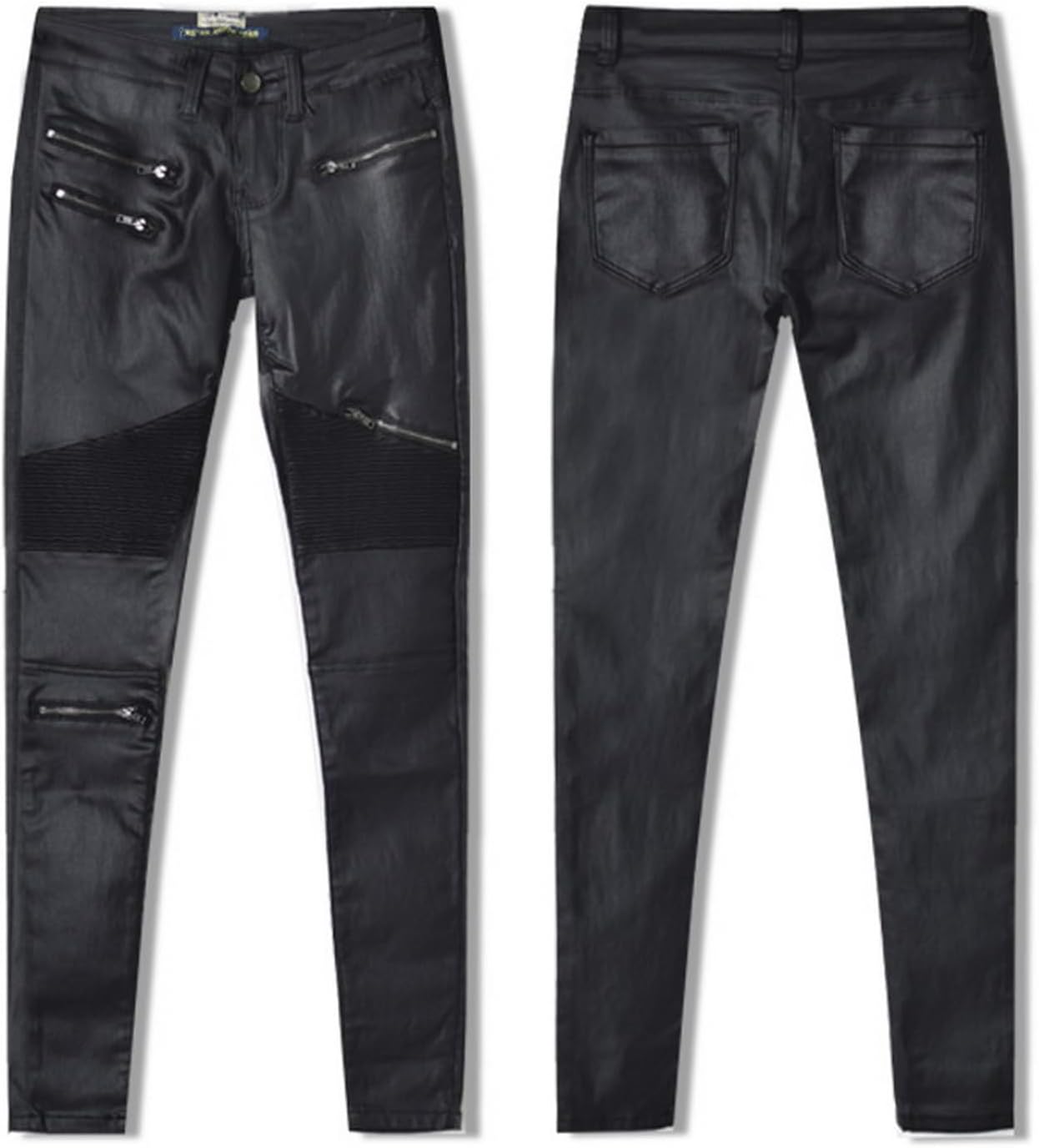 Black Pants PU Leather Coated Denim Pants for Women Sexy Tight Stretchy Rider Leggings - Image 6