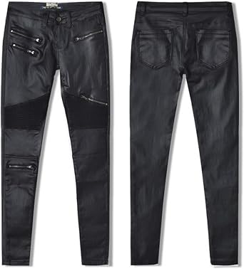 Black Pants PU Leather Coated Denim Pants for Women Sexy Tight Stretchy Rider Leggings