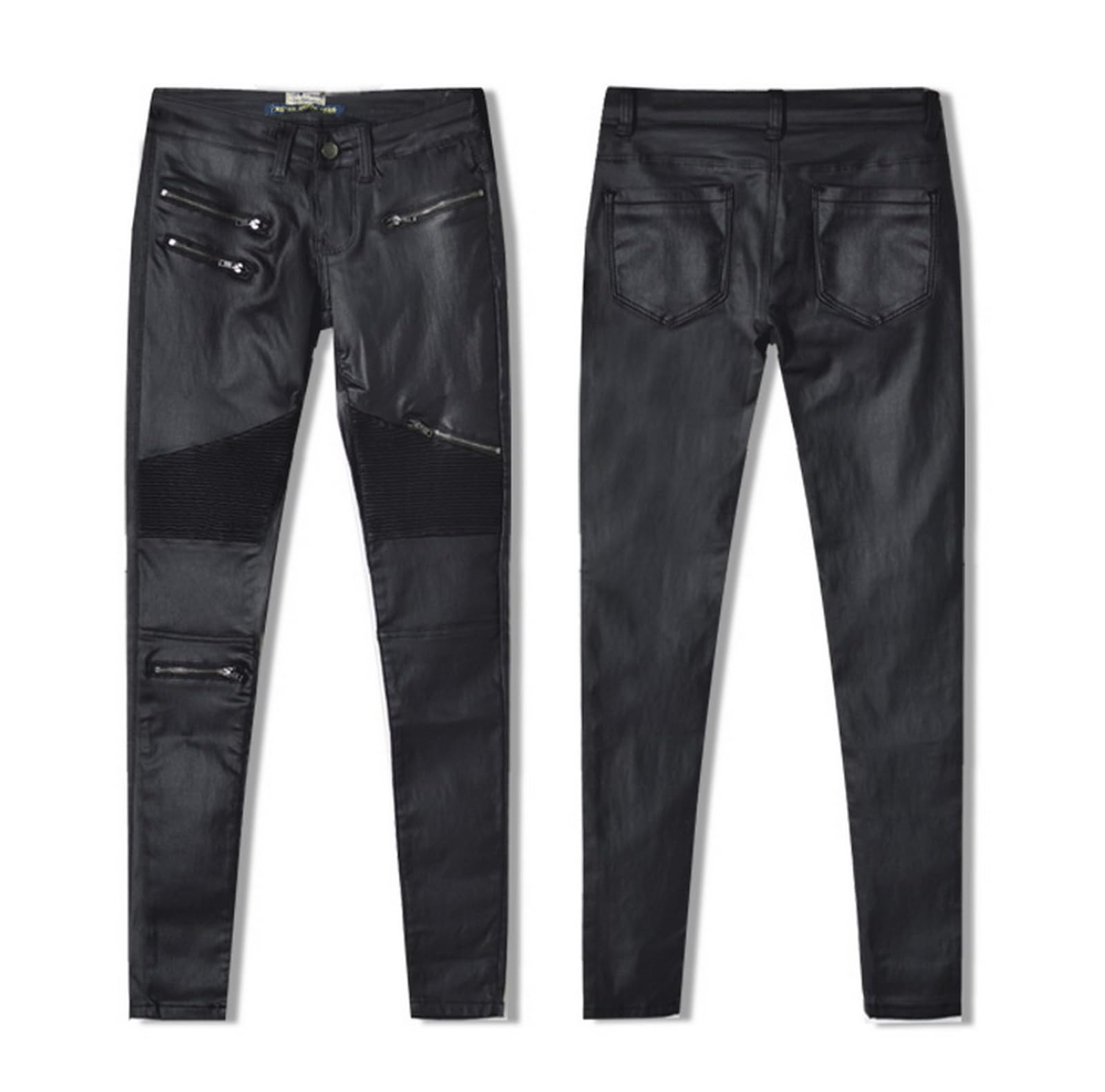 Schwarze Hose aus PU-Leder beschichtete Denim-Hose für Damen, sexy, enganliegend, dehnbar, Reiter-Leggings