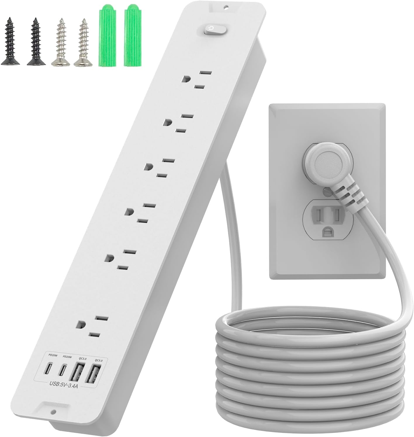 Recessed Power Strip, Flush Mount Power Strip with USB Ports, PD 20W USB C Fast Charging, 6 FT Extension Cord Surge Protector with1800J, Furniture Hidden Outlet for Side Table, End Table
