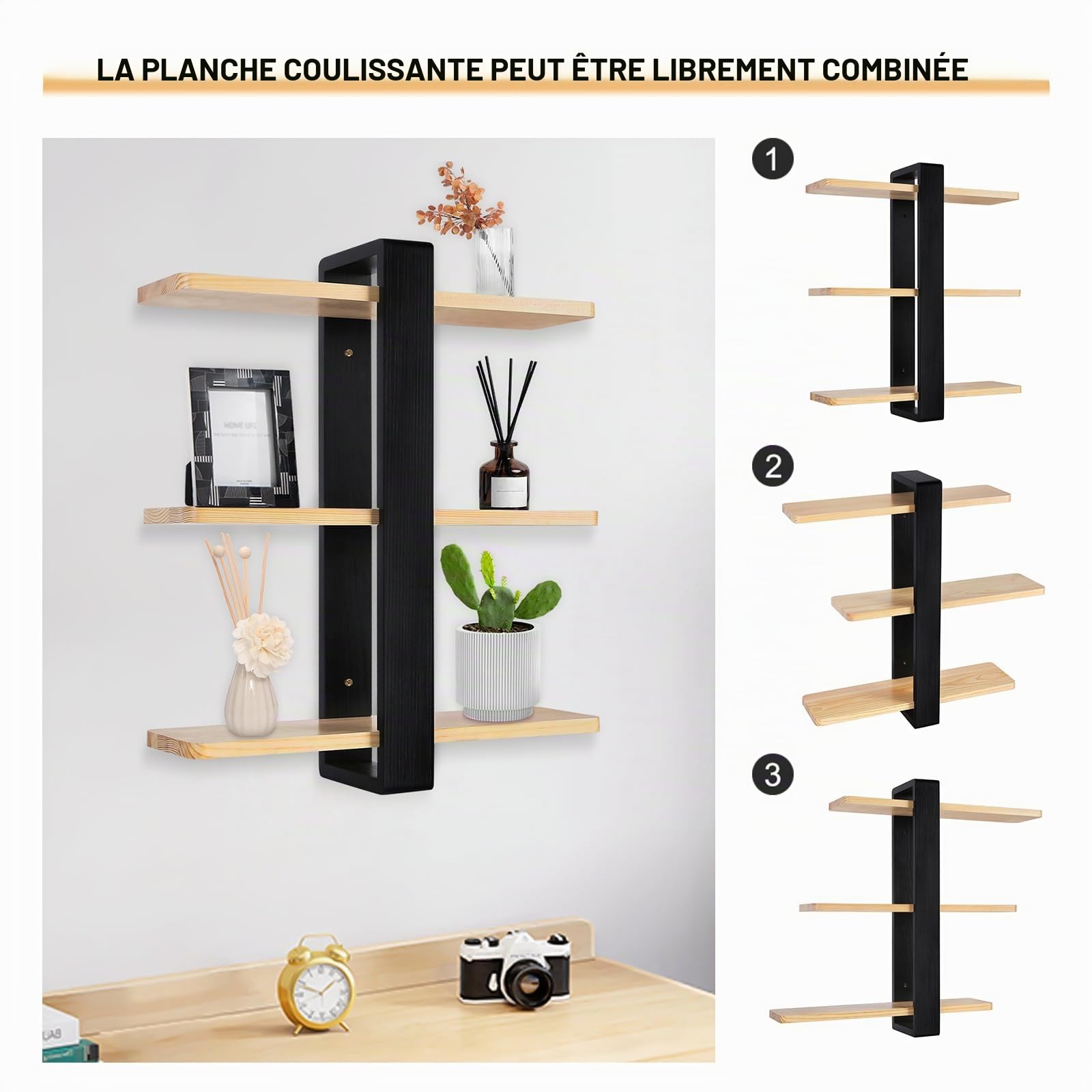 HUOLE Étagère Murale Industrielle en Acier pour Tuyaux en Bois Étagère Suspendue Bibliothèque Étagère de Rangement à 3 Niveaux pour Cuisine, Salon, Chambre à Coucher, 58 * 50 * 16cm-Noir (2pc)