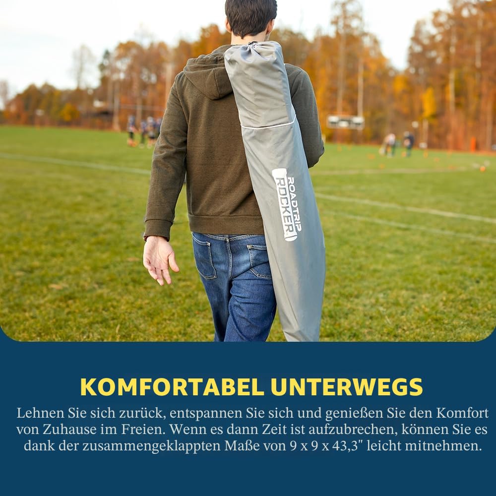 GCI Outdoor Roadtrip Rocker Campingstuhl | Tragbarer, klappbarer Schaukelstuhl mit soliden, langlebigen Armlehnen, Getränkehalter & bequemer verlängerter Rückenlehne – Indigoblau