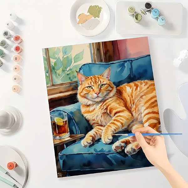 Animal Paint by Numbers Kit for Adults - DIY Orange Tabby Cat Lounging on Blue Couch Painting on Canvas 16x20In, Acrylic Paint Set, Suitable for Beginners, Art for Home Decoration or Gifts by DecorFriday - Used condition - Image 3