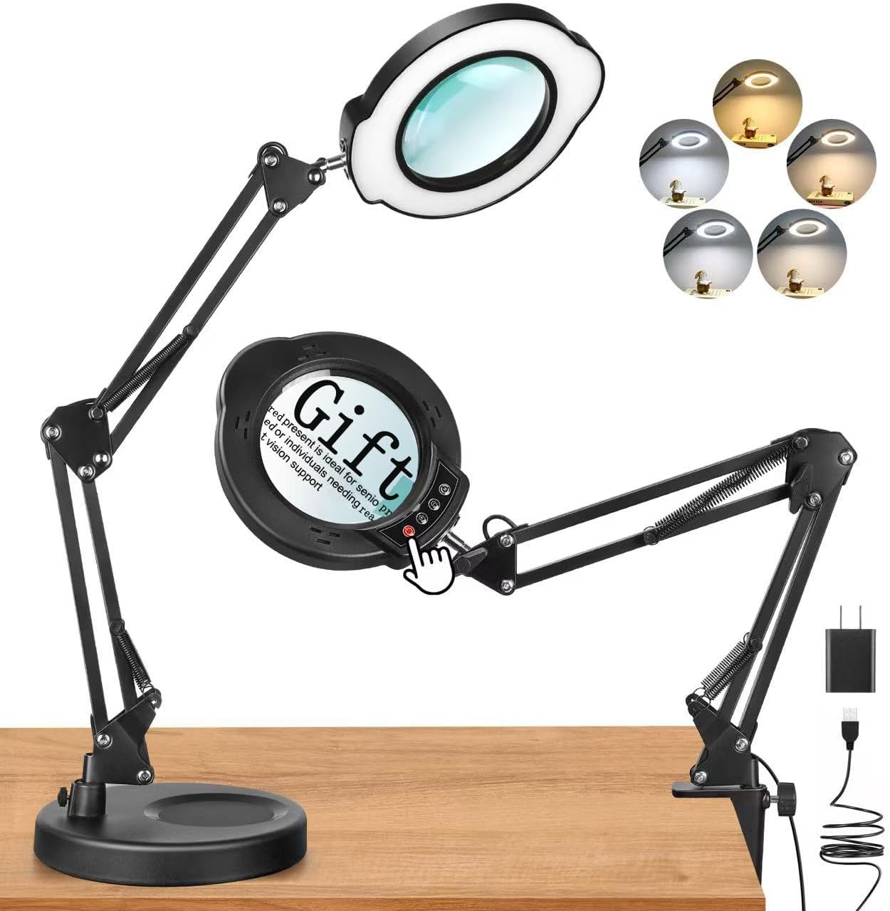 Upgrade 12X Magnifying Glass with Light, Real Glass Magnifying lamp, 5 Color Modes Stepless Dimmable, 84 LEDs, Magnifier with Light Hands Free for Close Work, Reading Craft Repair