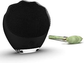 Rechargeable Silicone Facial Cleanser and Massager with Natural Jade Roller and Carry Bag - Smart Cleansing for All Skin Types - Anti Aging Massager - Black