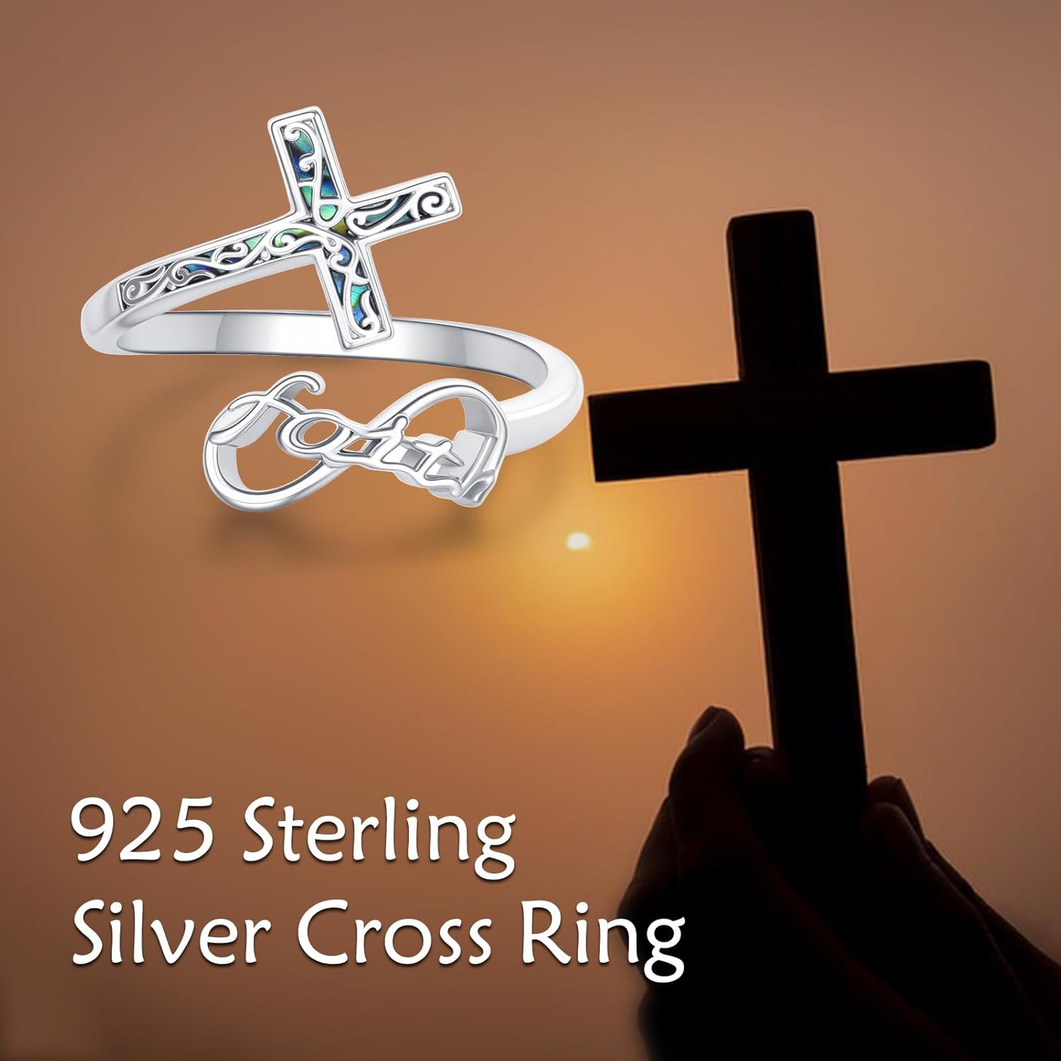 URONE Cross Ring for Women 925 Sterling Silver Infinity Cross Faith Ring Religious Adjustable Jewelry Gift - Image 6