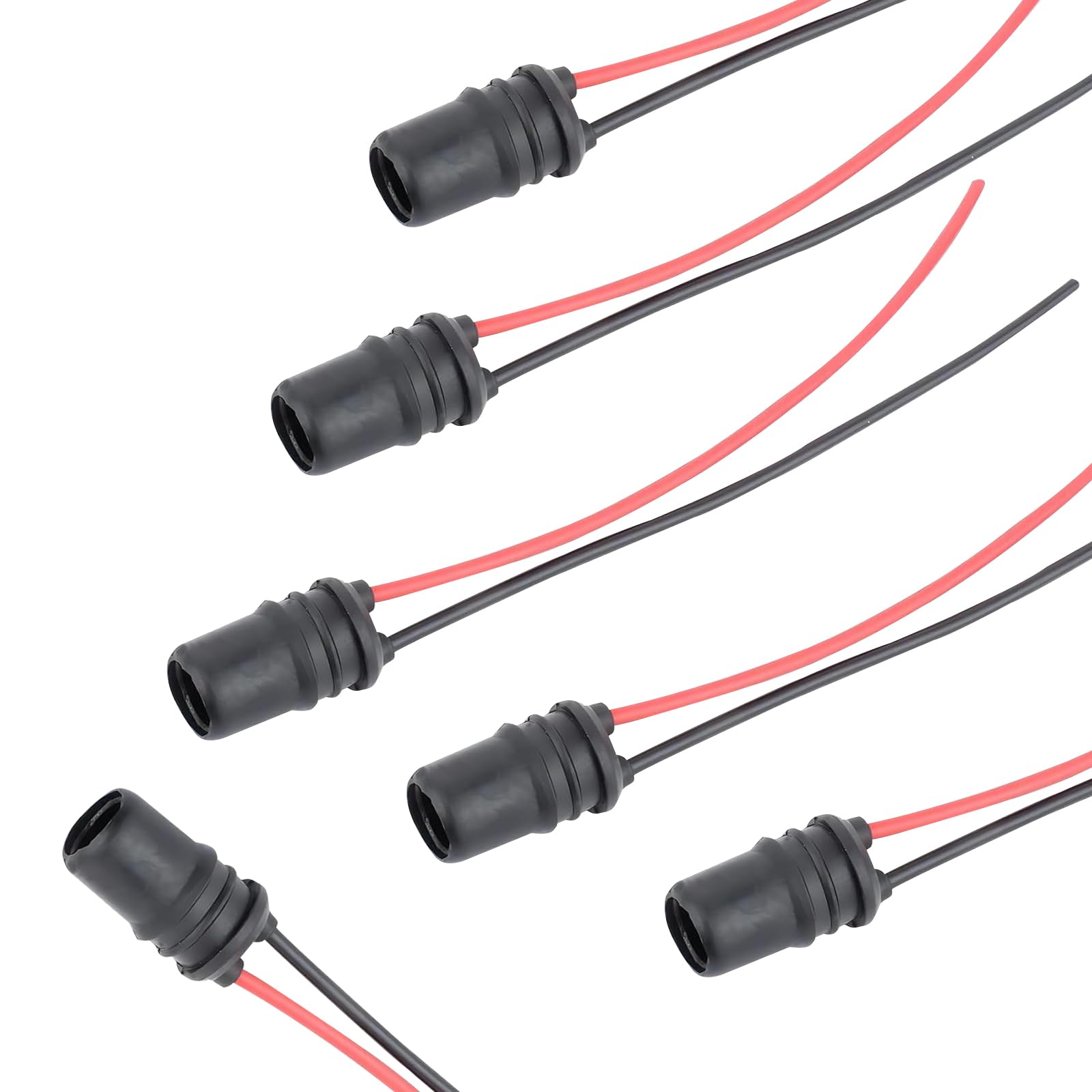 6 PCS T10 Car Instrument Bulb Socket with 4.33" Wire Harness, 0.86" x 0.47" Round Mouth 12961 Rubber Pre-Wired Vehicle Lighting Bulb Harness Socket, Car Extension Harness Plug (Black)