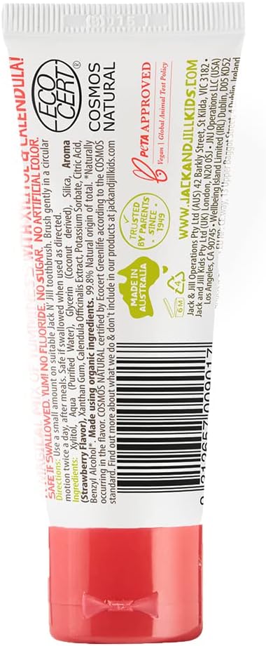 Jack N' Jill Kids Natural Toothpaste - Kids Toothpaste Fluoride Free, Organic Flavors, BPA Free SLS Free, Makes Tooth Brushing Fun for Kids - Strawberry, 1.76 oz (Pack of 1)