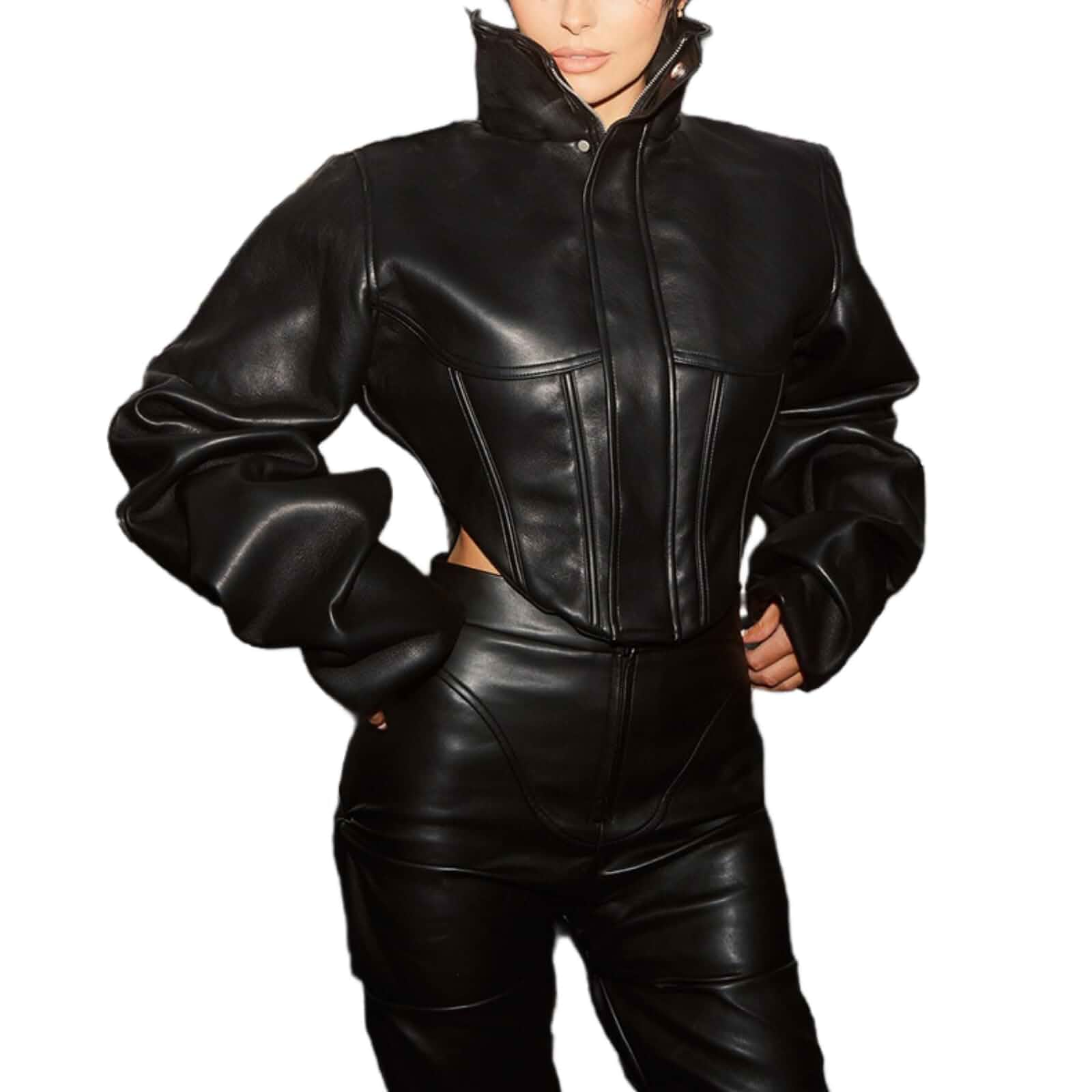 YOUFE Women Faux Leather Jacket Retro Zip Up Motorcycle Long Sleeve Crop Bomber Jacket Y2K Irregular Leather Coat Streetwear