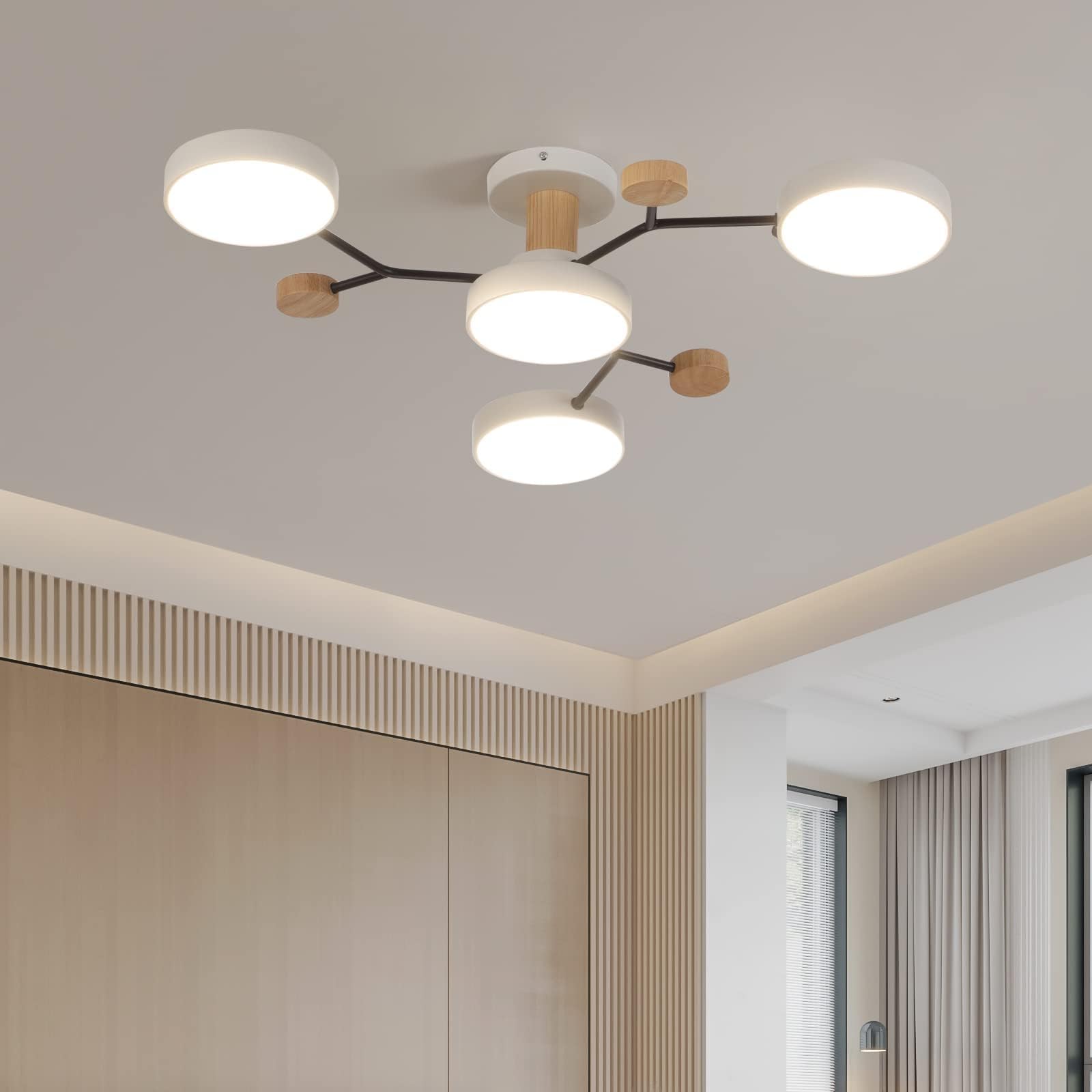 4 głowice oświetlenie sufitowe LED, 36W ciepła biel 3000K, żyrandol sufitowy z dekorem z drewna ﾘ66cm do salonu kuchnia jadalnia biuro domowe pokój dziecięcy