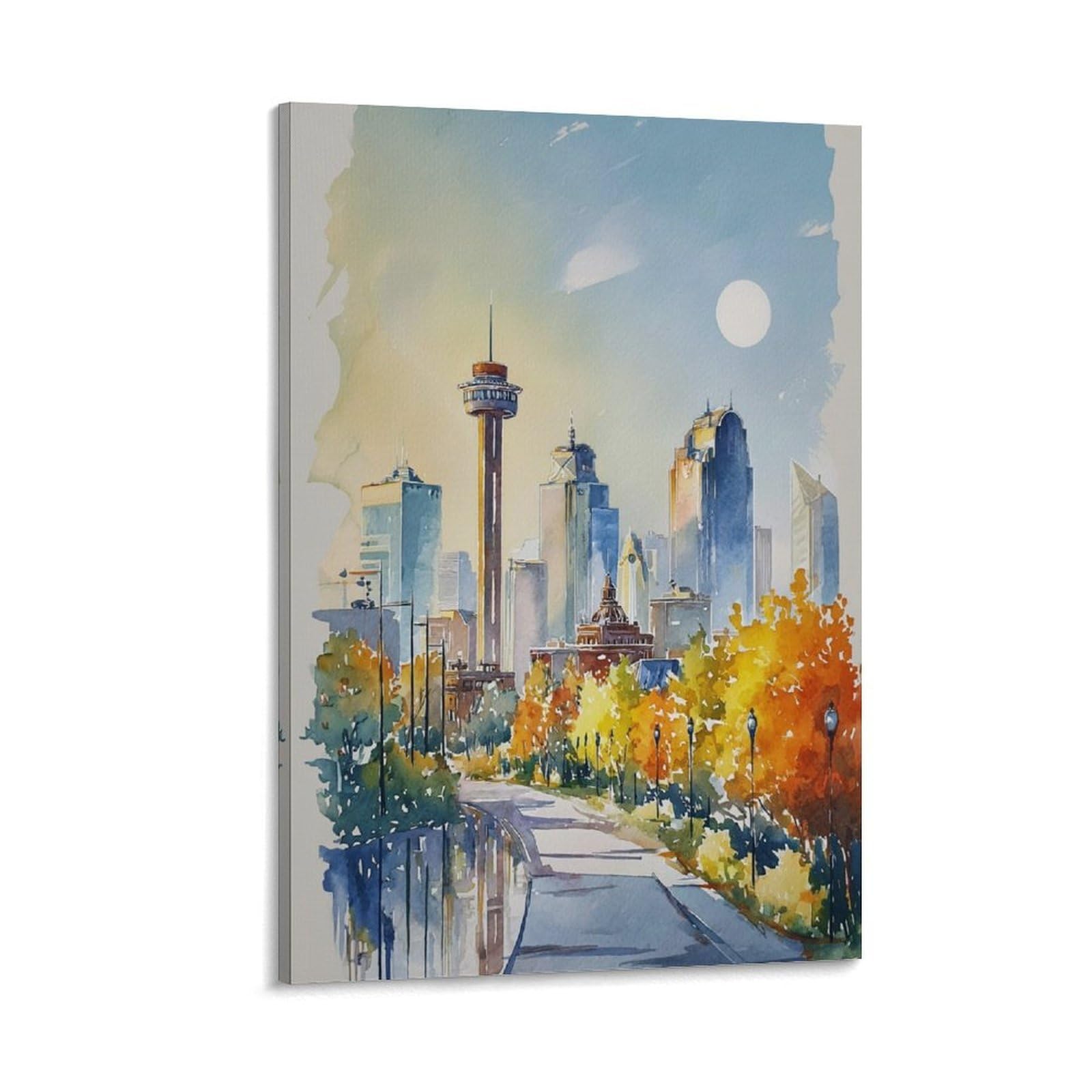 XWYMXZ Dallas Watercolor Painting Texas Cityscape Poster Tree 24x36inch(60x90cm) Vintage Watercolor Canvas Art