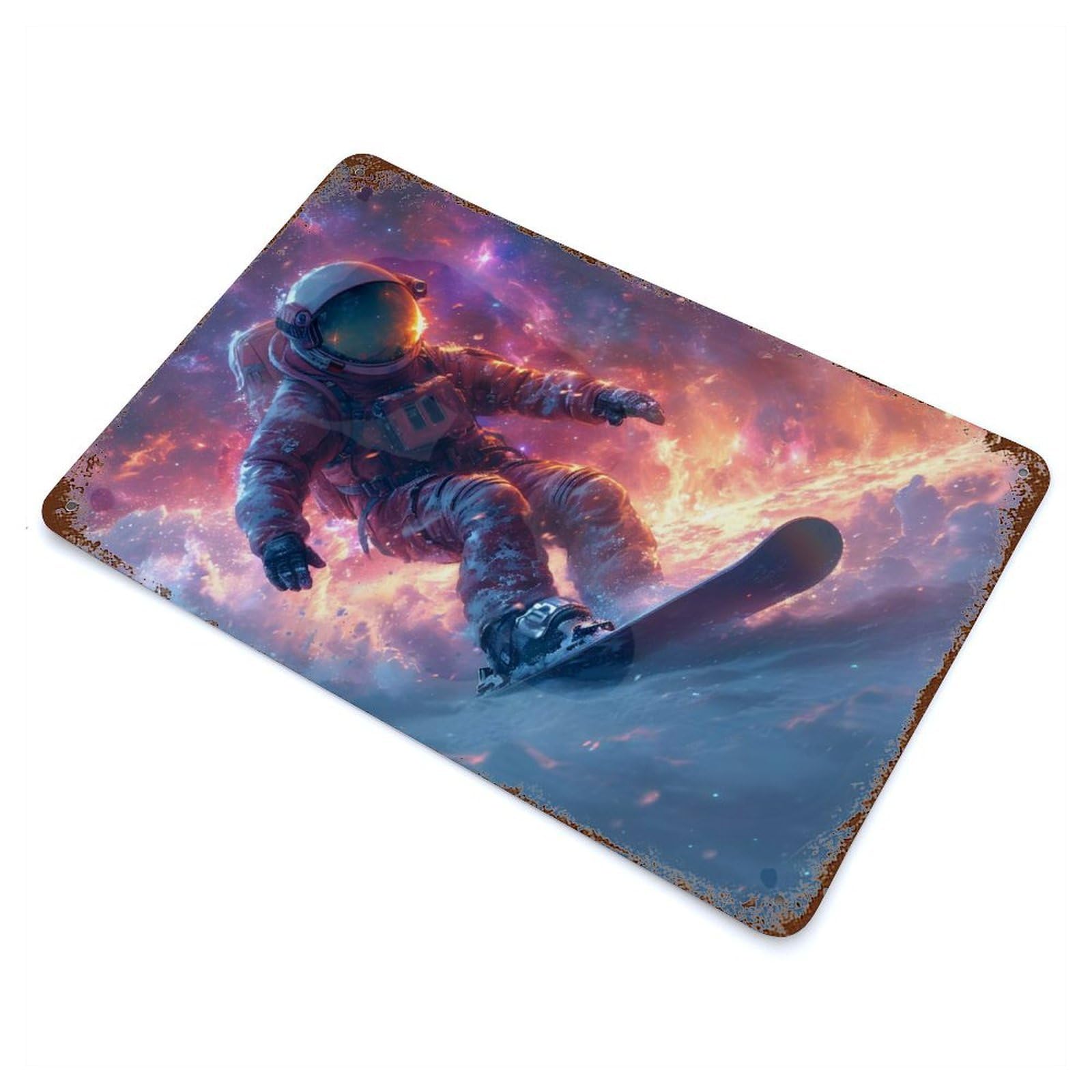 Astronaut in Space Surfer 11.8"x7.9" Aged Metal Wall Plaque, Classic Wall Plaque for Basement, Hobby Room And Garage Decor