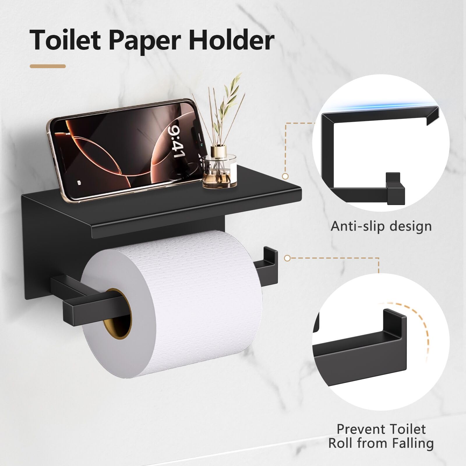 TQKAG 5-Pieces Matte Black Bathroom Hardware Accessories Set 23.6" SUS304 Stainless Steel Towel Bar Set Wall Mounted Square Toilet Paper Holder with Shelf — Amazon image 4