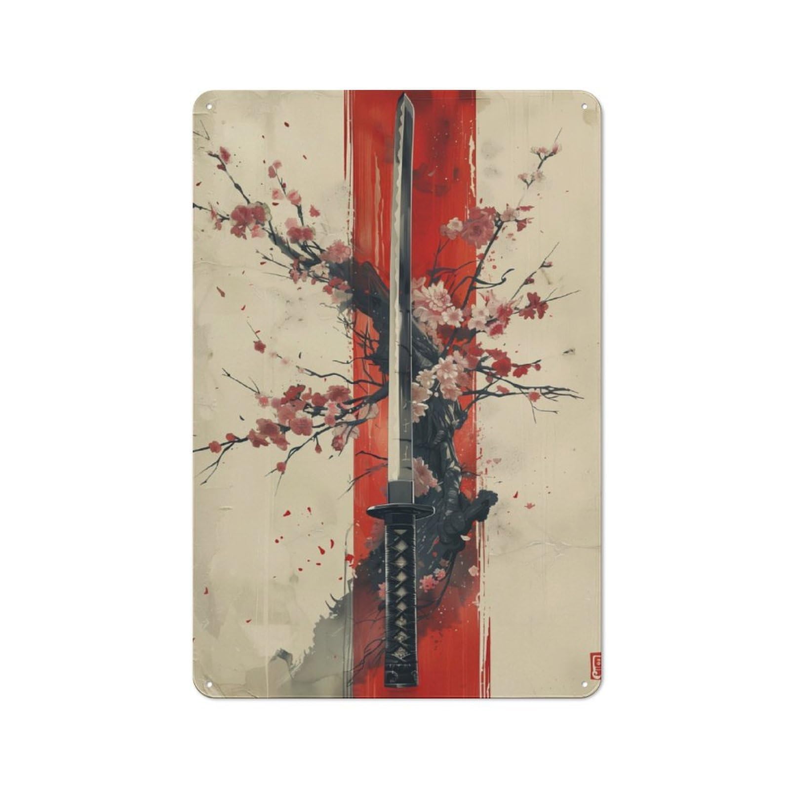 Junmoney Japanese Sakura Katana Rustic Tin Sign 30X20cm Featuring For Living Room Wall, For Metal Sign Collectors, For Garage And Workshop Walls