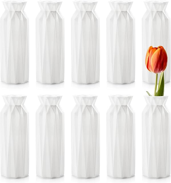 ZOOFOX 10 Pack Composite Plastic Flower Vase, 8" Plastic Vases for Centerpieces, White Unbreakable Vases for Wedding Dinner Table Party Living Room Office Bedroom Decor, Origami Design