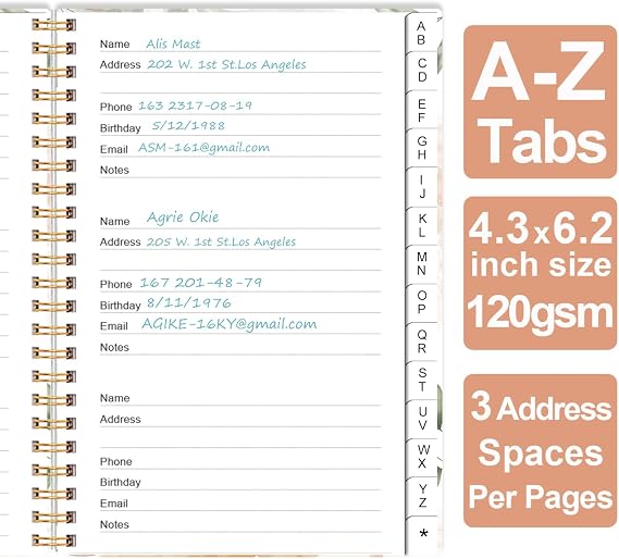 Address Book with Alphabetical Tabs - Small Address Book Spiral with Address Contacts, Special Date, Phone, Birthday & Internet Login Password for Home and Office, 4.3 x 6.2, Rose Leaf