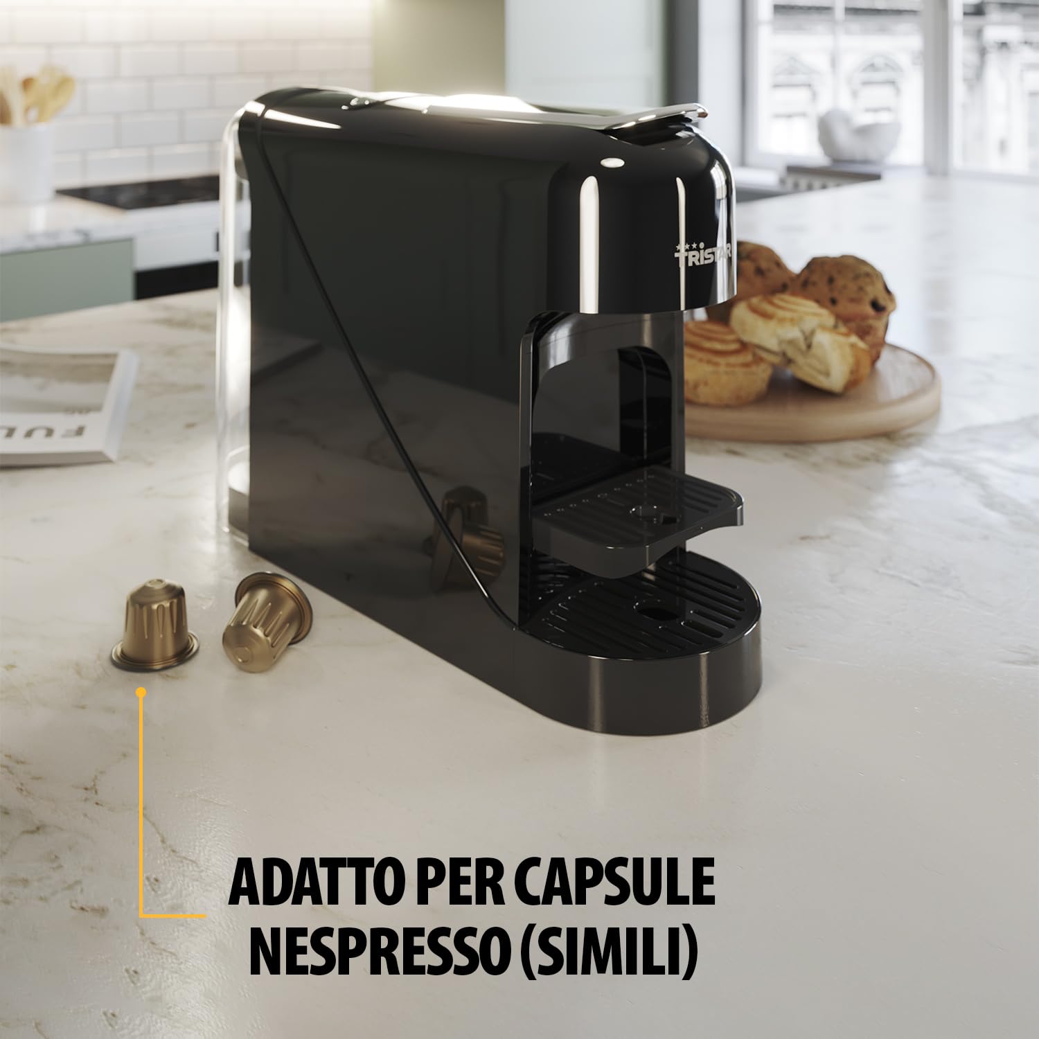 Tristar Macchina da Caffè a Capsule, Serbatoio da 0,8 l, 1400 W, Compatibile con Capsule Nespresso, Vassoio Raccogligocce Removibile, Spegnimento Automatico, CM-2302