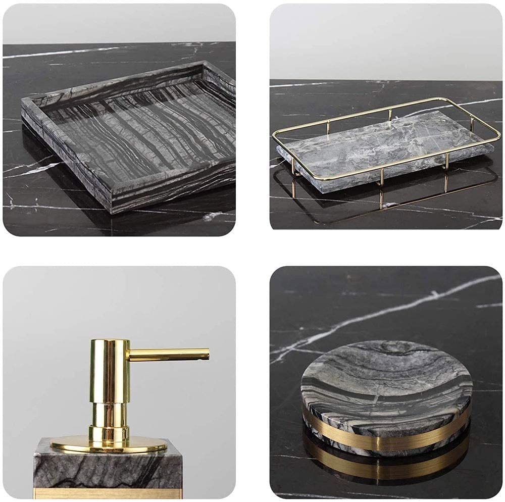 Conjuntos de Accesorios de baño, Conjunto de Accesorios de baño de diseño Moderno Gris Ahumado, patrón de mármol decoración de Frontera de Oro, 5 Piezas