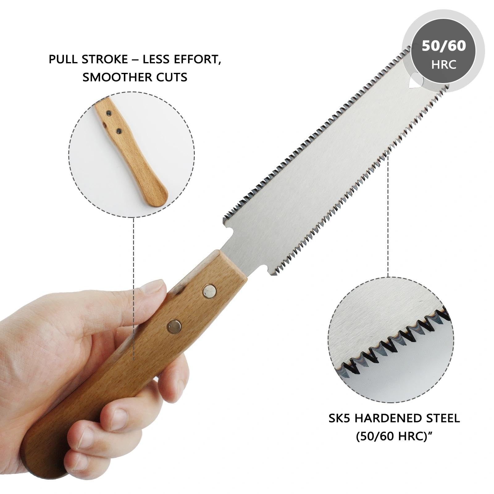 Sega A Trazione Doppia 11/17 TPI – Lama SK5 310mm Con Manico In Faggio –Kerf 1,1mm Per Taglio Fine E Basso Strappo–Durezza 50 HRC/60 HRC – Falegnameria, Giardinaggio, Edilizia, Fai-da-te