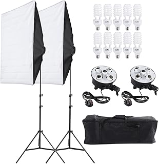 مجموعة خيمة إضاءة ستوديو التصوير الفوتوغرافي (2 × سوفت بوكس + 2 × مقبس إضاءة 5 في 1 + 10 × لمبة 45 وات + 2 × حامل ثلاثي القوائم + 1 × شنطة حمل) قابس UK 220 فولت من ايكام