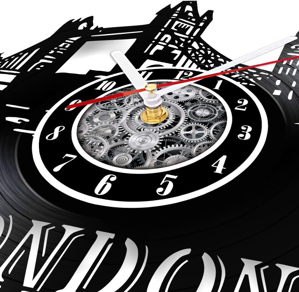 The Geeky Days London Skyline Vinyl Record Wall Clock, Battery Silent Quartz England London Cityscape Carved LP Record Hanging Watch England Big Ben Scenery Travel Gift Living Room Decor