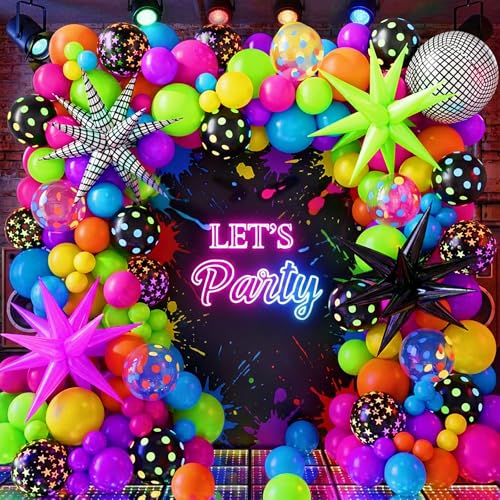 Neon Balloons Arch Garland Kit with Yellow Hot Pink Lime Green Orange Blue Neon Balloons for Back to 80s 90s Disco Birthday Party Decorations Lets Glow Party Rock Roll Party Supplies