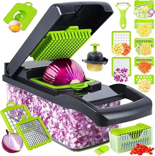 Vegetable Chopper, Multifunctional 14 in 1 Pro Food Chopper, Onion Chopper, Kitchen Vegetable Slicer Dicer Cutter, Cheese Grater, Carrot and Garlic Chopper With Container, Stainless Steel. (Gray)