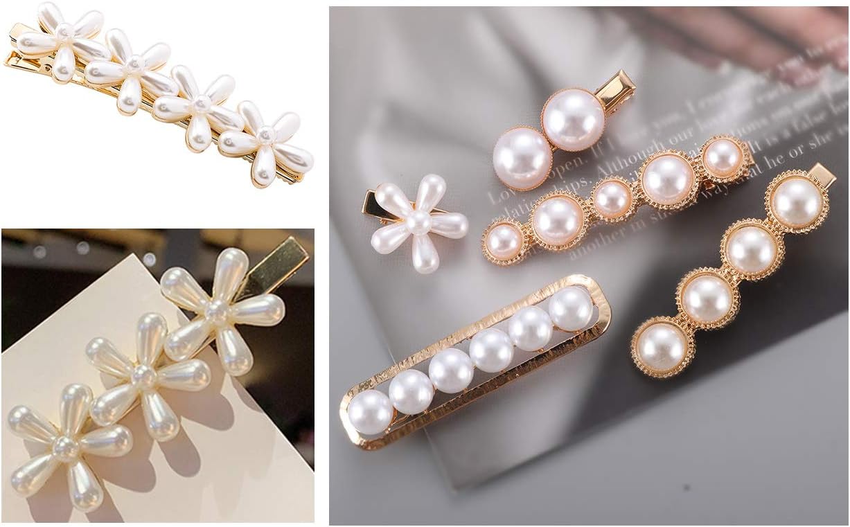 SloveM Pearl Hair Clip for Women Hair Pins Girls Hair Decorative Gold Pearl Alligator Clips Fashion Styles (Flower Pearl Hair Clip 7 Pieces)