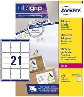 Avery Self Adhesive Address Mailing Labels (Amazon FBA Barcode Labels), Laser printers, 21 Labels Per A4 Sheet, 2100 labels, UltraGrip (L7160), White