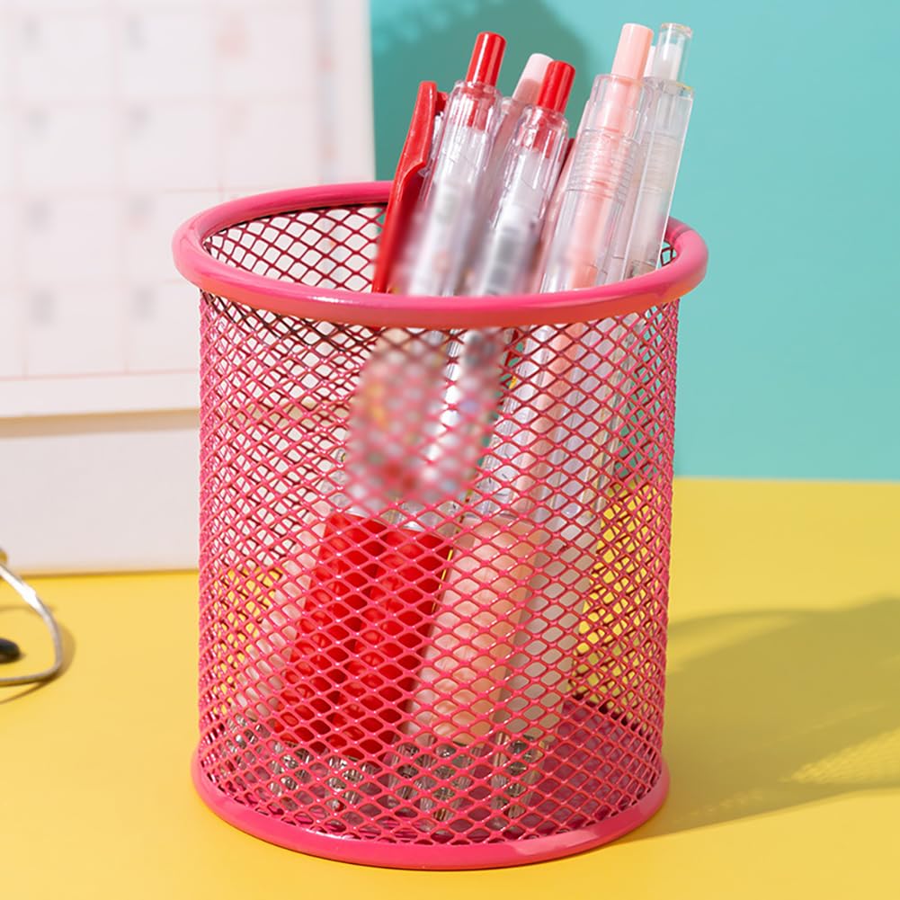 HugeDE Pen Holder Cup Metal Mesh Pencil Holder Desk Pencil Cup Round Pen Organizing Cup Office Pen Organizer Cute Pencil Organizer for School Green - Image 2